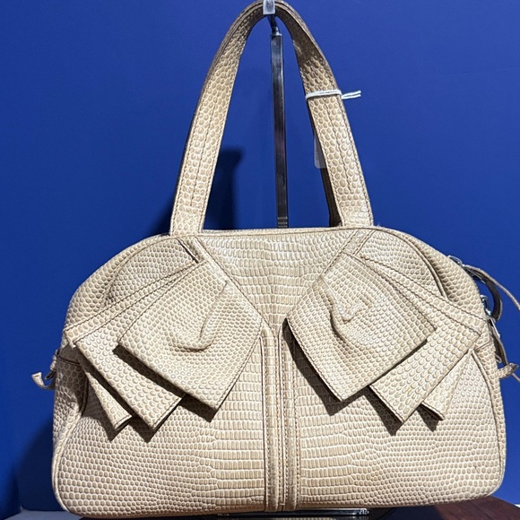 Yves Saint Laurent Handbags - Yves Saint Laurent Beige Lizard Embossed Leather Obi Satchel Bag